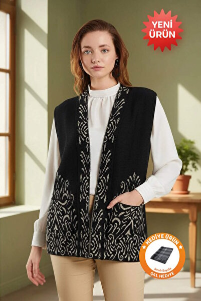 Uludağ Triko Jacquard Pattern Black Cream Knitwear Vest + Shawl Gift