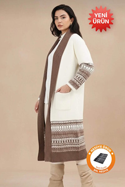 Uludağ Triko Shawl Collar Long Kimono Cardigan Ecru +Shawl Gift