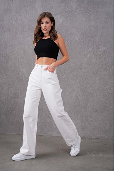 Dema Pantaloni albi din denim cu talie înaltă - Model elegant cu picioare largi