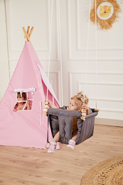 Svava Konfor Ahşap Bebek Salıncak, Tavana Asılan Çocuk Salıncağı (GRİ)