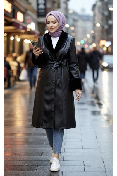 Hb Harma Time Butik Γυναικεία δερμάτινη καμπαρντίνα με φτερωτό λαιμόκοψη και επένδυση με ζώνη σε μαύρο χρώμα