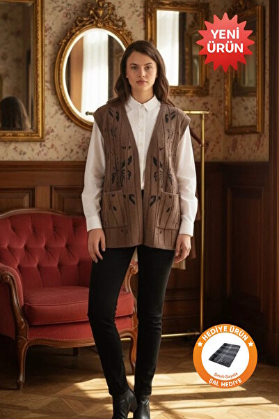 Uludağ Triko Floral Patterned Pocket Knitwear Vest Toprak + Shawl Gift