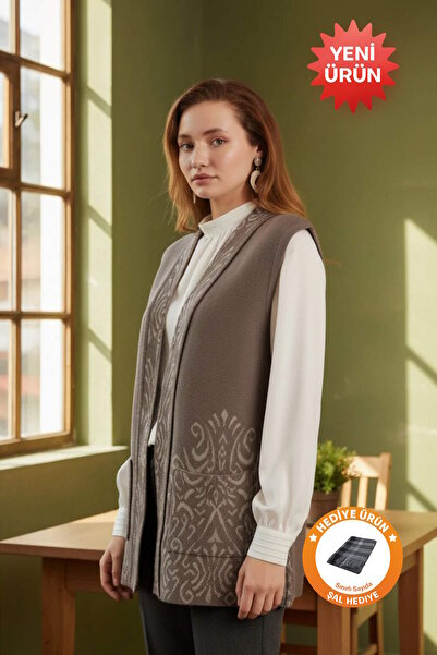 Uludağ Triko Jacquard Pattern Mink Knitwear Vest + Shawl Gift