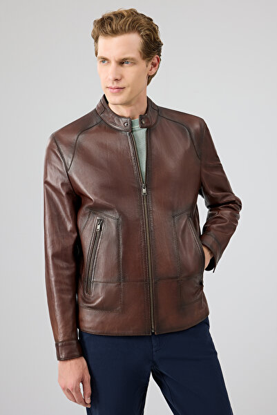 Derimod King Men's Brown Judge Collar Leather Jacket 25Wge6580Nc