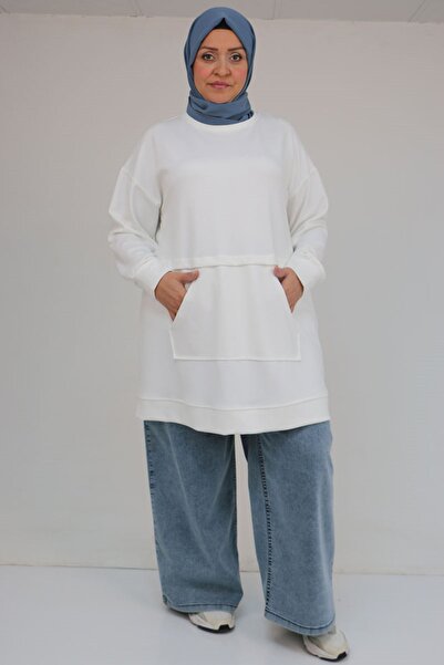 Eslina 58133 Plus Size Modal Tunic with Kangaroo Pocket - Ecru