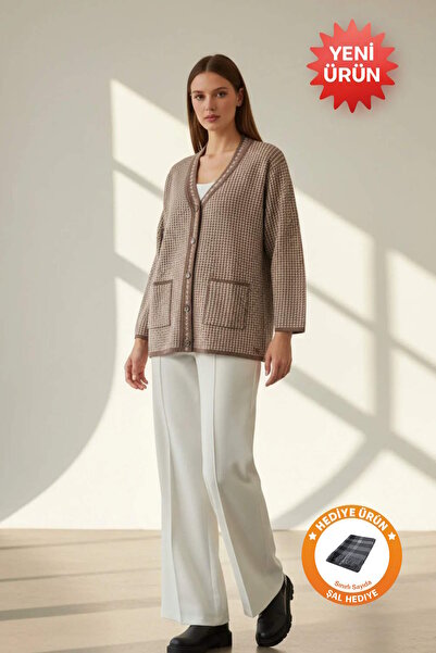 Uludağ Triko Πλεκτό πουλόβερ με μοτίβο λούτσου με κουμπιά + Σάλι δώρο