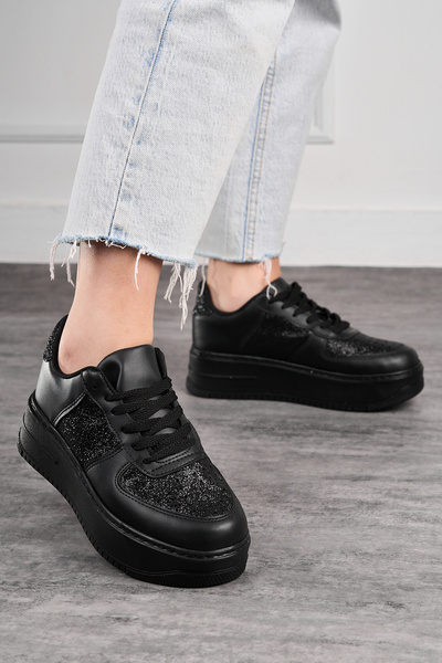 Nstil Pantofi negri pentru femei - Pantofi de mers și sport cu șireturi cu talpă înaltă