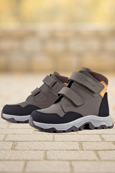 Rakerplus Trekking Hakiki Deri Haki Yeşil Sarı Cırt Cırtlı Erkek Çocuk Bot