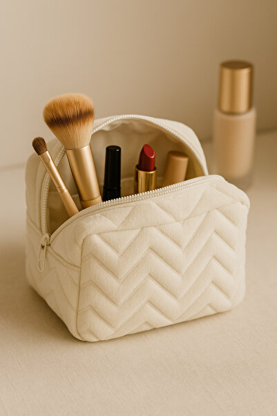 YILDIZ DİJİTAL HOME Punch Embroidered Zigzag Makeup Bag – Natural Fabric Travel Organizer, Purse, Wallet, Pencil Case