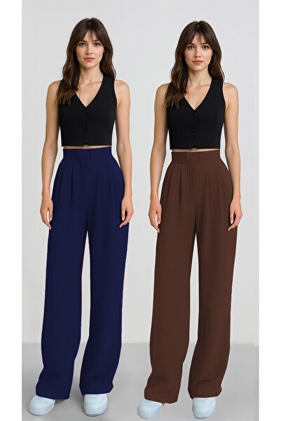 ALİNDA بنطلون نسائي بحزام فيلكرو عالي الخصر وواسع الساق بنطلون واسع الأرجل عبوة من قطعتين