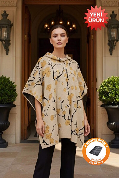 Uludağ Triko Bone Embossed Hooded Cap + Shawl Gift