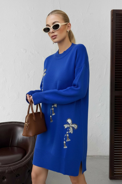 NEWCO Tricotaj cu mâneci lungi brodate cu flori din piatră Tunica elegantă și confortabilă, potrivită pentru combinațiile zilnice