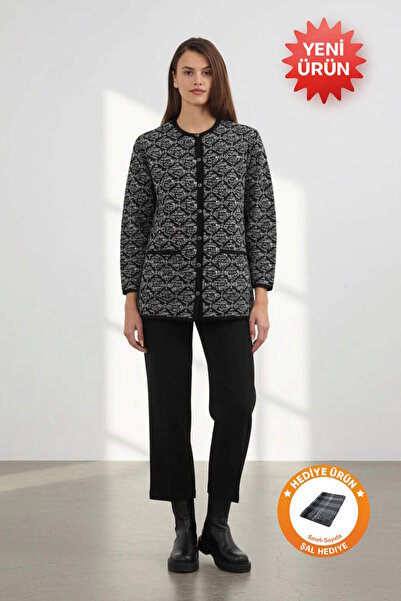 Uludağ Triko Embossed Baklava Buttoned Cardigan Black +Shawl Gift
