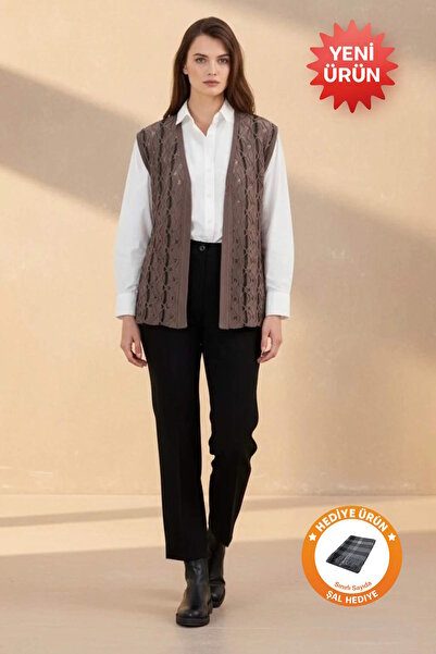 Uludağ Triko Glitter Twist Pattern Vest Mink + Shawl Gift