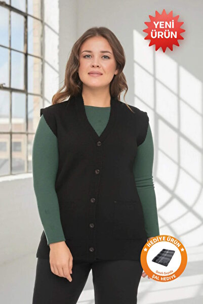 Uludağ Triko Buttoned Steel Knit Vest Black + Shawl Gift
