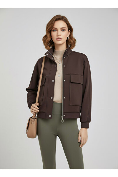 Sortie Kahverengi Dik Yaka Fermuarlı Çıtçıtlı Kapaklı Cepli Kısa Kadın Modal İnce Bomber Ceket