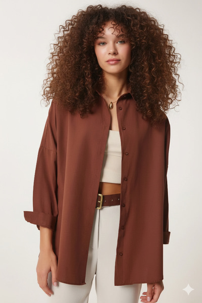 hazelin Γυναικείο Καφέ Oversize Μακρύ Βασικό Πουκάμισο Hzl22w-bd 139001