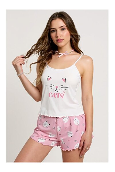 Cicişim Women's Pajama Set with Colorful Straps and Cat Pattern Shorts