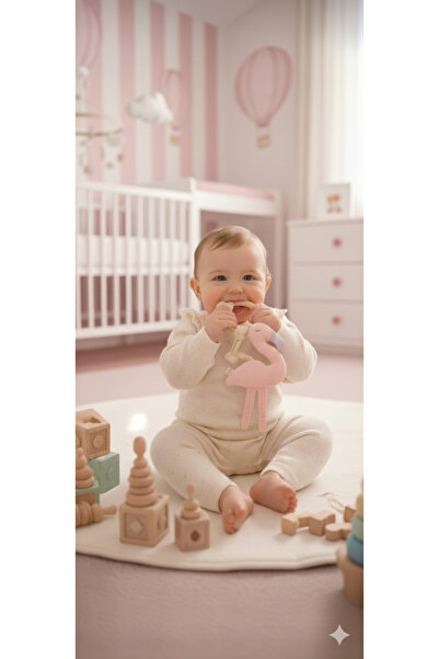 O&G Collection Sevimli Flamingo%100 Pamuklu Müslin Oyuncaklı Doğal Ahşap Diş ...