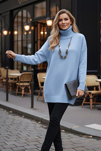 AsprinFashion decolteu larg Tricotaj Bluză Albastru + Colier Cadou