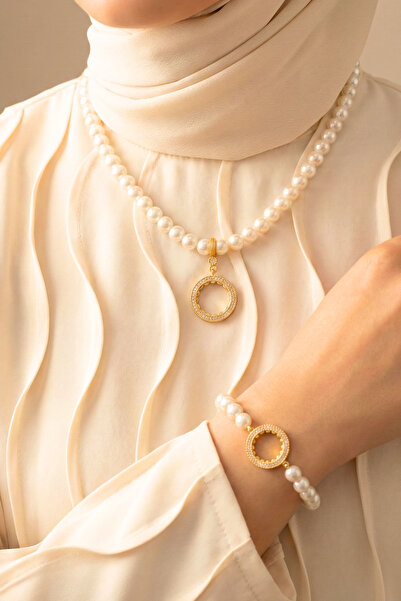 TwinsCollection Çeyrek Altın Uyumlu 8mm İncili Kolye Bileklik Seti - Çeyrekli Kolye Bileklik Seti