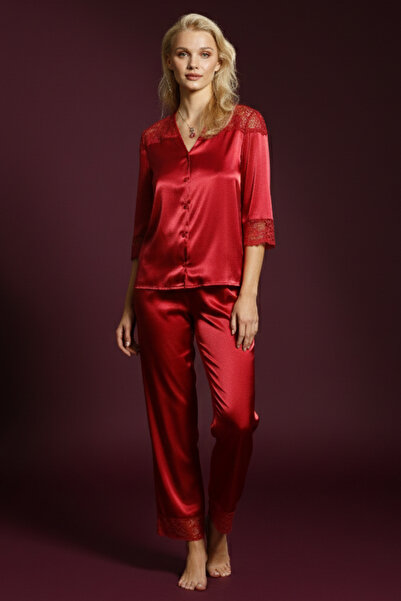 Laperissa Γυναικείο σετ πιτζάμες με κόκκινο σατέν κουμπιά, με δαντέλα, κομψό ...