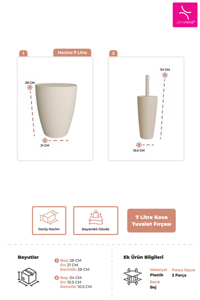 Prima Nova Pure 2-Piece Bathroom Set Trash Can + Toilet Brush