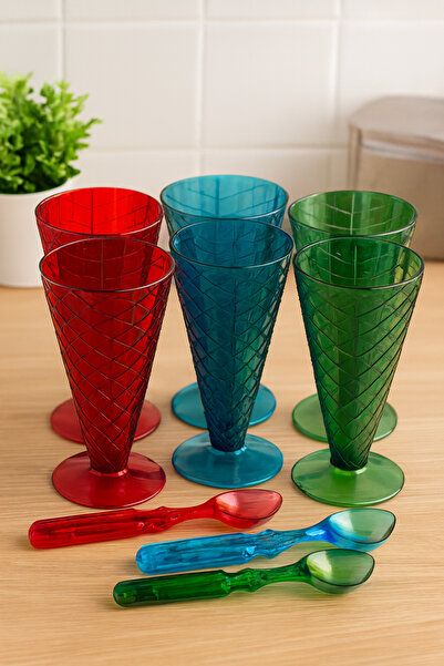 Generic Colorful Ice Cream Serving Set: 6 Plastic Cups with 3 Scoops