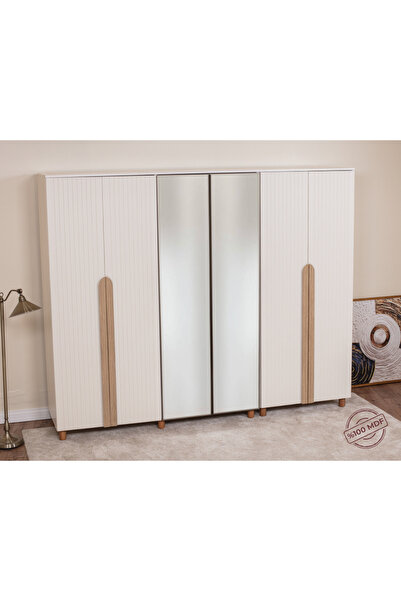 DONACO İtra 6 Kapaklı Gardırop – Krem Gövde, Krem Lake Aynalı Kapak