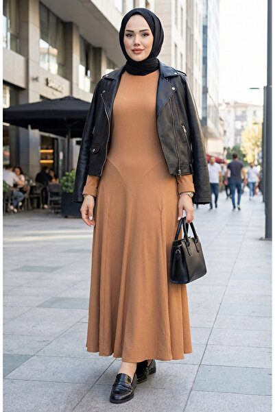 sefamerve Ruffle detailed pleated dress 7132-08 taba