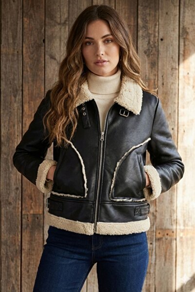 diaves Dámský černý motorkářský kabát s kožešinou uvnitř Černý kabát s dvojitými kapsami