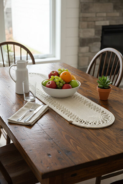 NEŞELİ HOME Jutty Hasır Görünümlü Jüt Dokuma Krem Örgü Oval Dekoratif Masa Ru...