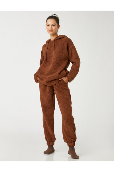 Koton Plush Jogger Pajama Bottoms with Lace Waist Pocket Detail
