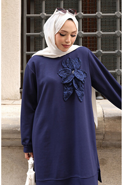 sefamerve Premium υφασμάτινο λουλούδι απλικέ Τούμπα Σετ δύο τεμαχίων 0214-02 Σκούρο μπλε