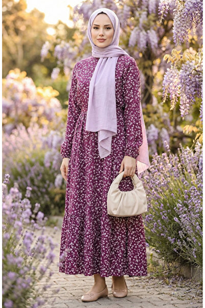 sefamerve Φόρεμα με μοτίβο λουλουδιών βισκόζης Smile σε χρώμα δαμάσκηνου - μισό κουμπί 0358-02