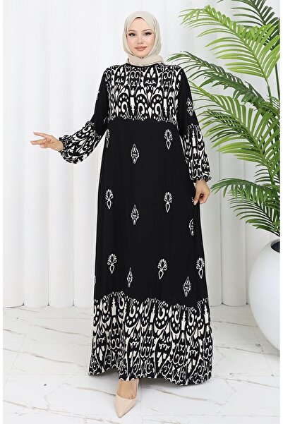 sefamerve Φόρεμα με σχέδιο από ύφασμα βισκόζης 0060-01 Μαύρο