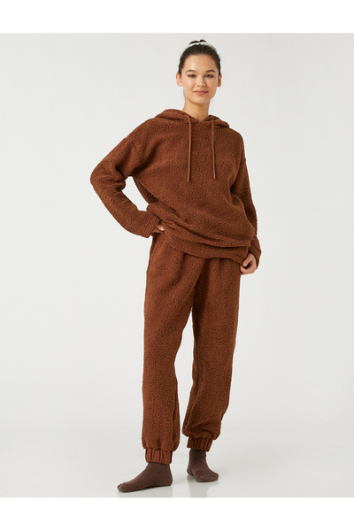 Koton Plush Jogger Pajama Bottoms with Lace Waist Pocket Detail