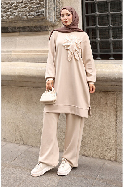 sefamerve Premium υφασμάτινο λουλούδι απλικέ Τούμπα Σετ Διπλό 0214-01 Μπεζ