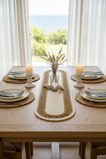 NEŞELİ HOME مفرش طاولة زخرفي بيضاوي طبيعي من الجوت المنسوج بمظهر القش الكريمي...