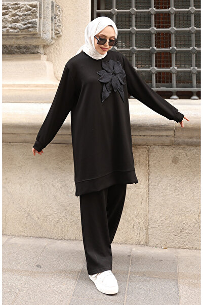 sefamerve Premium υφασμάτινο λουλούδι απλικέ Τούμπα Σετ Διπλό 0214-03 Μαύρο