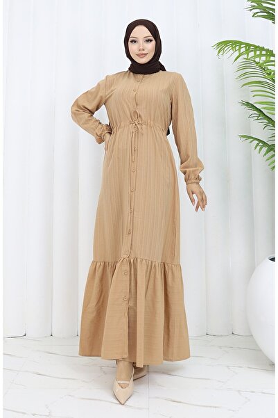 sefamerve Milk Brown Colored Dress with Buttoned Neck and Gathered Skirt - 0351-03