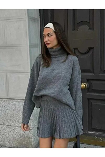 Cemre Life Set de tricotaje cu fustă plisată și pulover pentru femei New Deux...