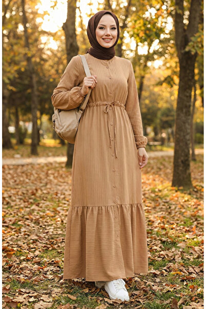sefamerve Milk Brown Colored Dress with Buttoned Neck and Gathered Skirt - 0351-03