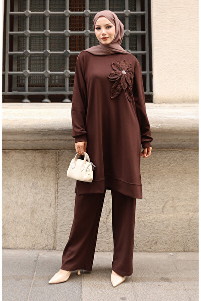 sefamerve Premium υφασμάτινο λουλούδι απλικέ Τούμπα Σετ Διπλό 0214-04 Καφέ