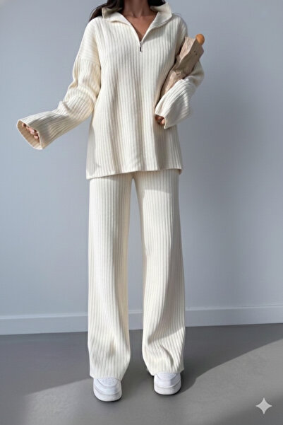 NİCE Γυναικείο πλεκτό κοστούμι με ριμπ γιακά με φερμουάρ στο πλάι με φερμουάρ