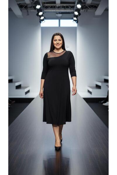 Nidya Moda Kadın Siyah Taş İşleme Tül Kombin Abiye Elbise 4089S