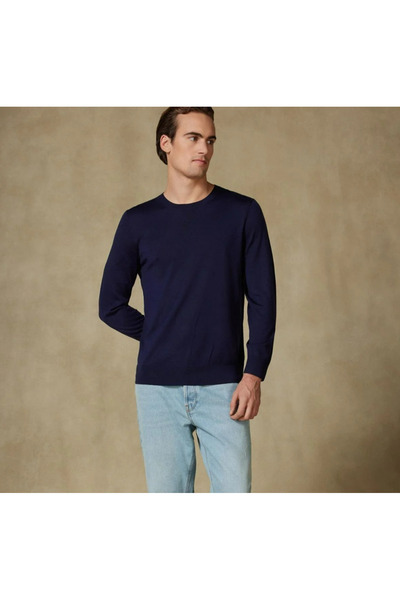 Abbate Salvano Knitted 100% Wool Modern Fit Navy Blue Crew Neck Men's Plain Knitwear