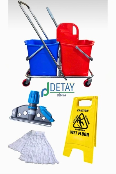 MCK Plus UMBEX Çift Kovalı Krom Temizlik Arabası Paspas Arabası Islak Mop Setli Kaygan Zemin Levhalı Set