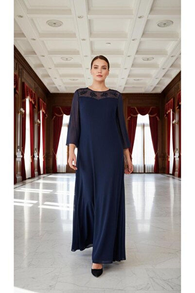 Nidya Moda Büyük Beden Lacivert Şifon Kol Taş Motifli Uzun Abiye Elbise 4115l