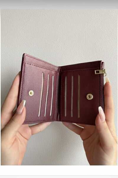 Uzs pace Embossed Knitted Detailed Medium Size Zippered Faux Leather Wallet Burgundy